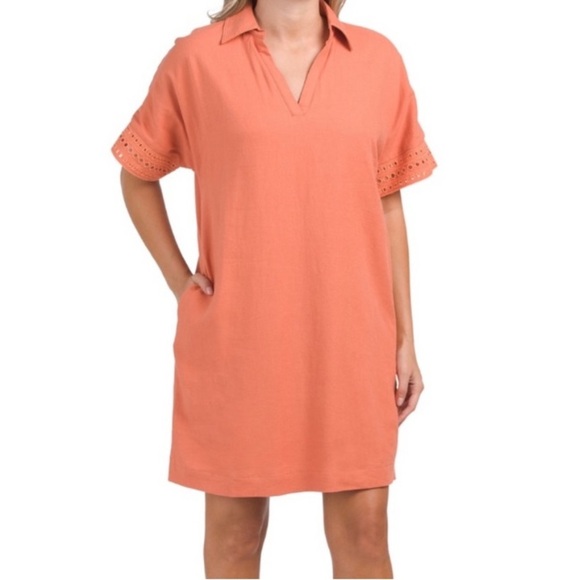 NWOT Elie Tahari Linen Blend Johnny Collar
Eyelet Trim Dress Sunrise Orange Sz M - Picture 1 of 11
